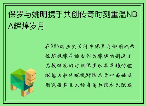 保罗与姚明携手共创传奇时刻重温NBA辉煌岁月